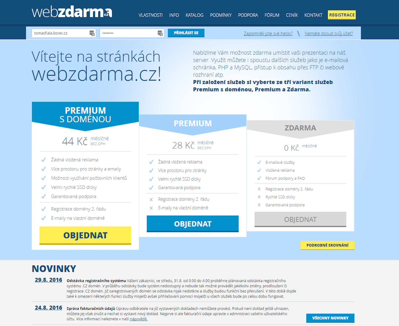 Webzdarma.cz v roku 2016 s ponukou programov Premium a Zdarma