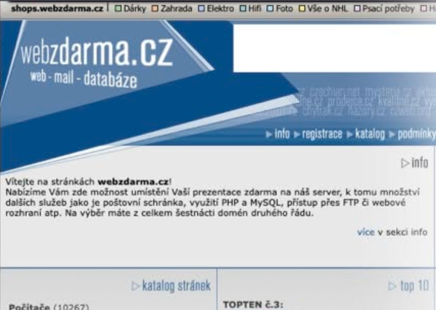 Pôvodný modrý vzhľad webu Webzdarma.cz
