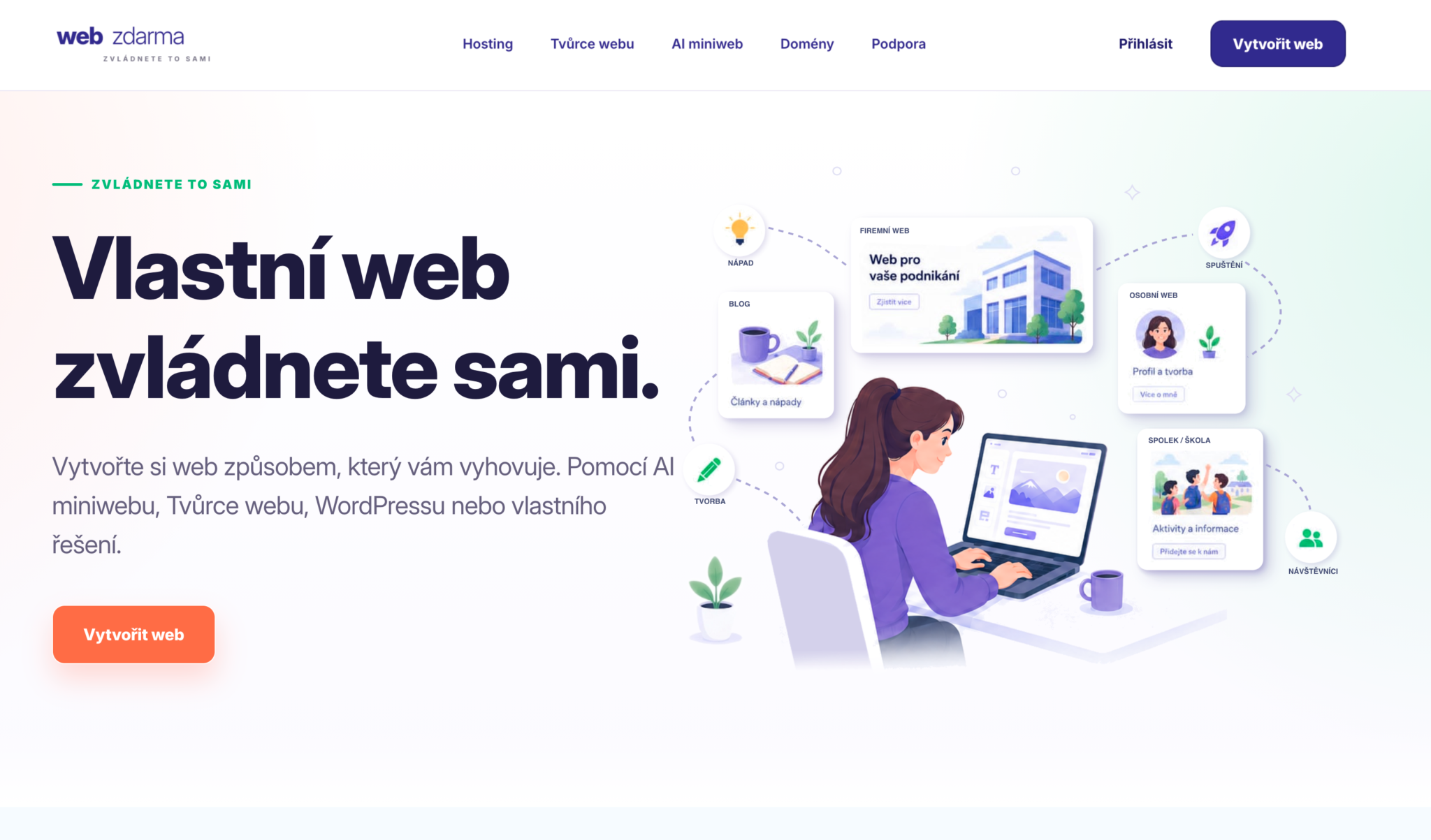 Súčasný vzhľad Webzdarma.cz s ponukou tvorby vlastného webu